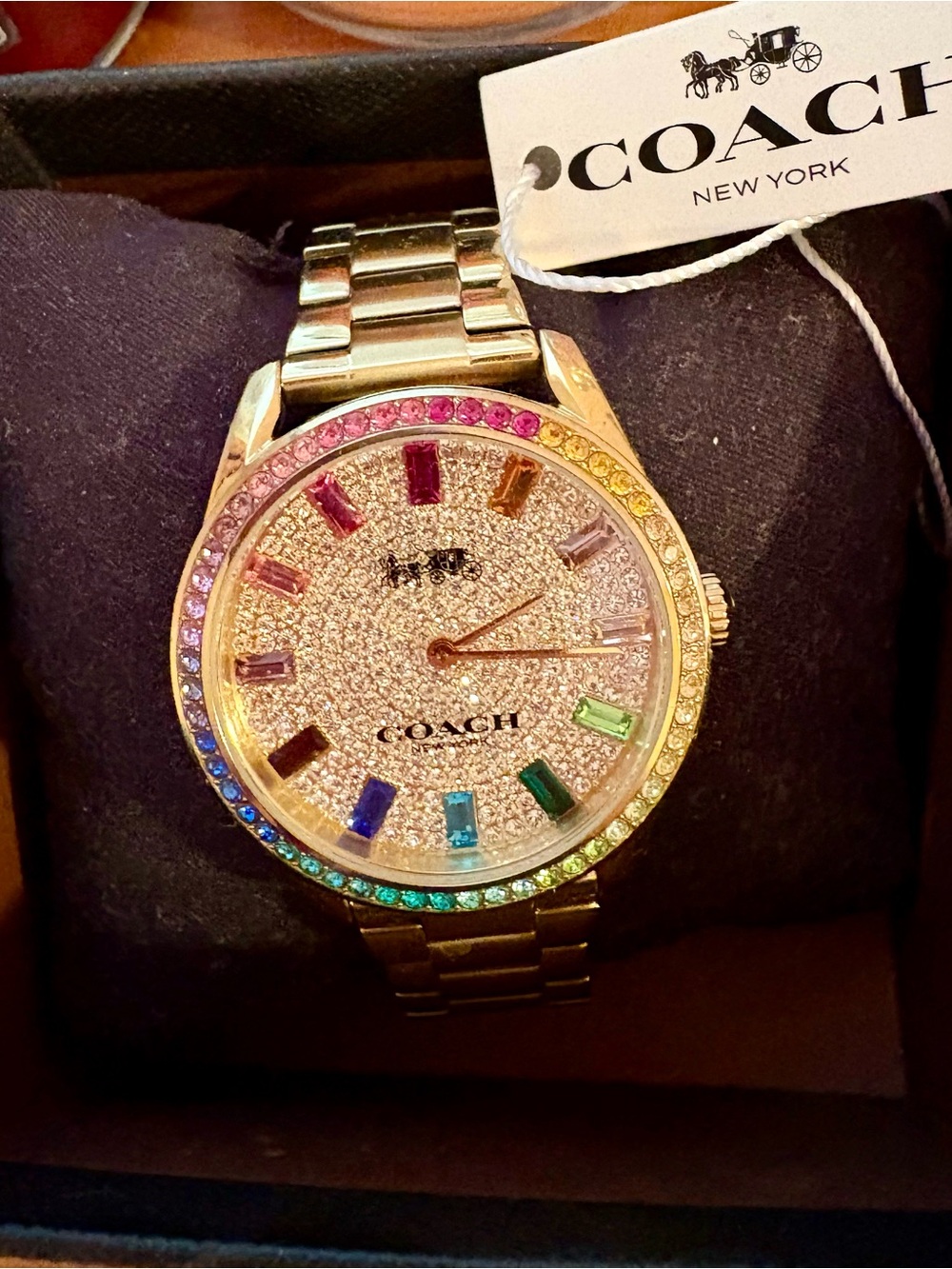 EUC COACH Gold-Tone Rainbow Crystal Pavé Dial Bracelet Watch